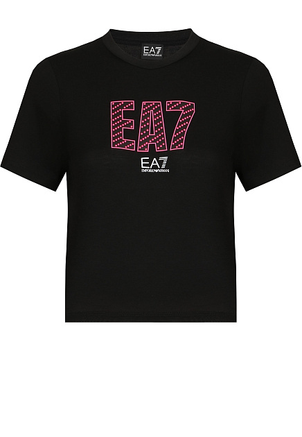 Чёрная футболка укороченного кроя с принтом EA7