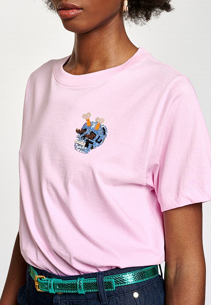 Розовая футболка с декором из бисера и страз ESSENTIEL