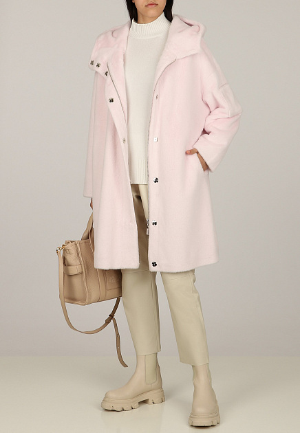 Розовое пальто из экомеха с капюшоном MAX&MOI - ФРАНЦИЯ